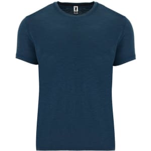 A navy blue t-shirt with a round neck and short sleeves, featuring a logo on the label.