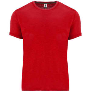 A red T-shirt with a round neckline and short sleeves. It features a logo on the label.