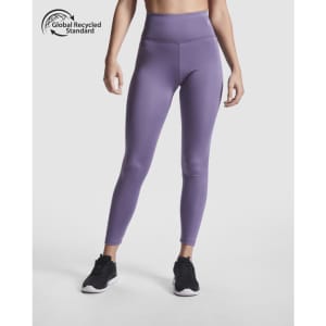 Purple high-waisted leggings with a fitted look, featuring a logo and made from recycled materials.