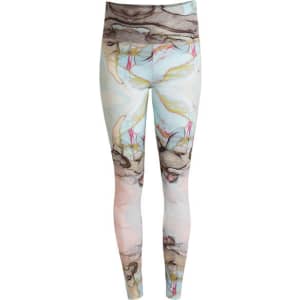 Leggings featuring a multi-coloured abstract design with soft hues and a fitted style. Includes a logo.
