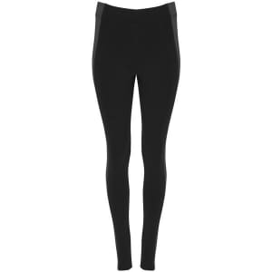 A pair of black leggings featuring a sleek design and a subtle logo on the waistband.