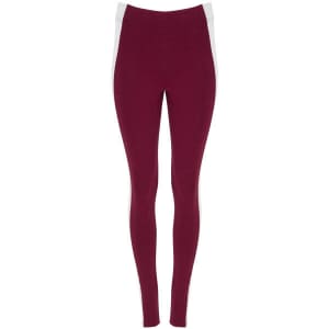 Maroon leggings featuring white side panels, designed as athletic bottoms with a fitted silhouette. Includes branding.