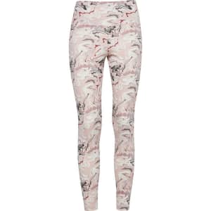 Leggings in a pink and grey abstract pattern with a high waist and a logo on the waistband.
