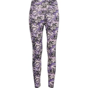 A pair of leggings in a purple, black, and white abstract pattern with a logo on the waistband.