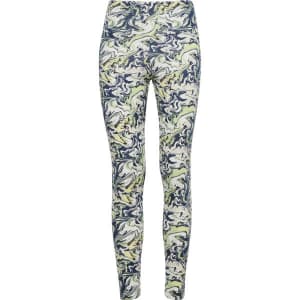 A pair of leggings featuring a marbled pattern in blue, green, and cream, with a logo on the waistband.