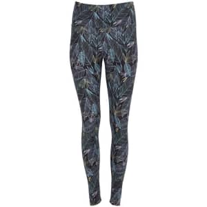 Leggings featuring a floral leaf pattern in shades of blue, grey, and green on a dark background.