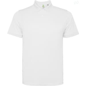 A white polo shirt with a collar, featuring a subtle logo on the chest.