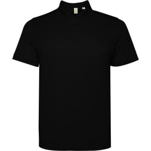 A black polo shirt with a collar and short sleeves. Features a logo on the chest.