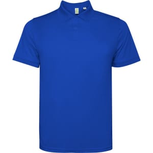 A blue polo shirt featuring a collar and short sleeves, with a logo on the chest.