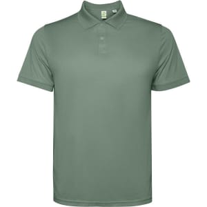 A polo shirt in a soft green colour with a collar and short sleeves. It features a logo on the label.