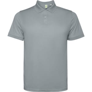 A grey polo shirt with a classic collar and short sleeves, featuring a logo.