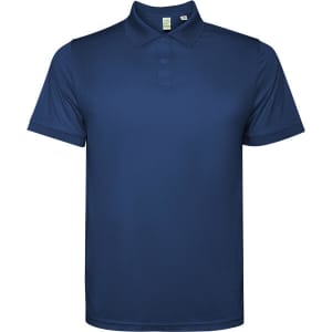 A navy blue polo shirt with a collar and short sleeves, featuring a logo on the front.