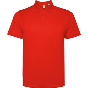 A red polo shirt featuring a collar and short sleeves, with a logo on the chest area.