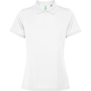 A white women's polo shirt featuring a collar and short sleeves, with a brand logo present.