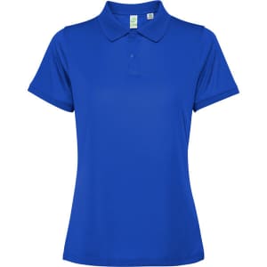 A women's polo shirt in bright blue, featuring a collar and short sleeves, with a logo on the label.