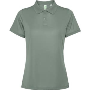 A women's polo shirt in a soft green colour with a classic collar and short sleeves, featuring a logo.