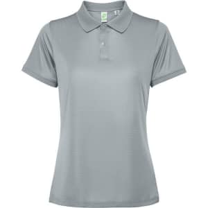 A women's polo shirt in light grey with a collar and short sleeves. The shirt includes a logo.