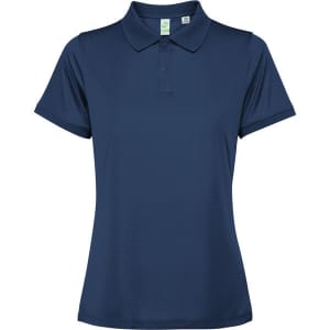 A navy blue women's polo shirt with a collared neckline and short sleeves, featuring a branding logo.