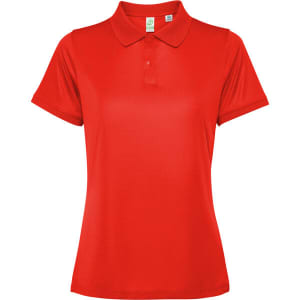 A red women's polo shirt with short sleeves and a collar, featuring a logo on the chest area.
