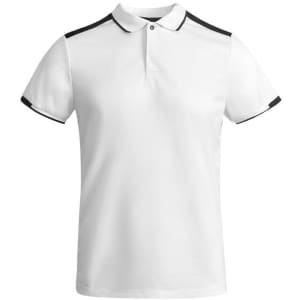 A white polo shirt with black accents on the collar and sleeves, featuring a logo.