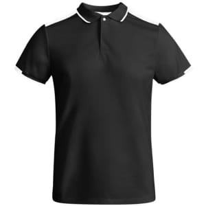 A black polo shirt with white collar and sleeve accents, featuring a logo on the chest.
