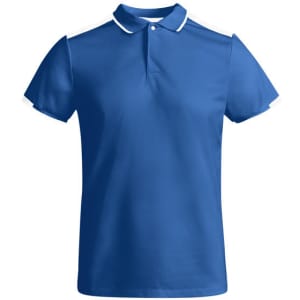 A blue polo shirt with white accents on the collar and sleeves, featuring a logo.