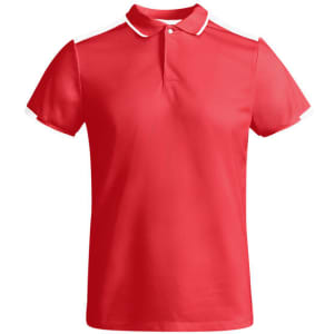 A red polo shirt with white accents and a collar, featuring a logo on the chest.