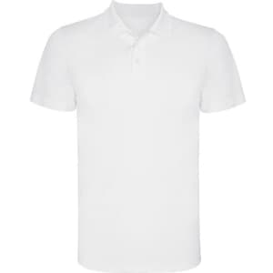 A white polo shirt with a collar and short sleeves, featuring a branding logo.