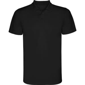 A black polo shirt with a collar and short sleeves, featuring a logo on the chest area.
