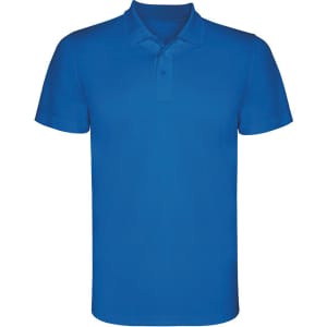 A blue polo shirt with a collar and short sleeves, featuring a logo on the chest area.