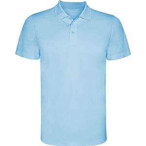 A light blue polo shirt with a collar and short sleeves, featuring a logo.