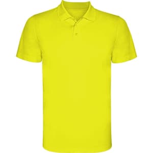 A bright yellow Monzha polo shirt featuring a collar and short sleeves, with a logo on the chest.