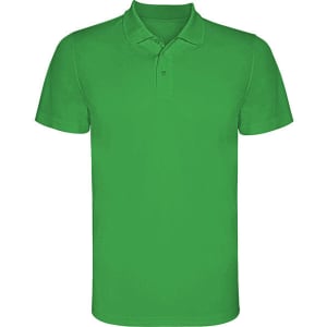A green polo shirt with a collar and short sleeves, featuring a logo.