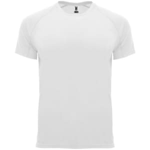 A plain white T-shirt with short sleeves and a branding logo on the neckline.