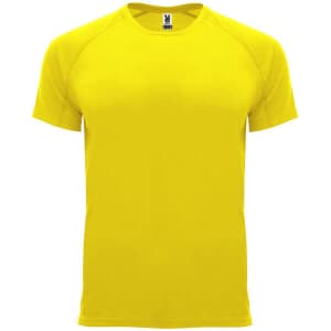 A bright yellow t-shirt with short sleeves and a round neckline. It features a logo at the collar.