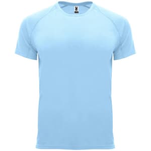 A light blue T-shirt with a crew neck and short sleeves, featuring a logo on the inside label.