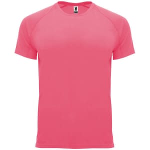 A bright pink T-shirt with short sleeves and a crew neck. It features a logo on the label.