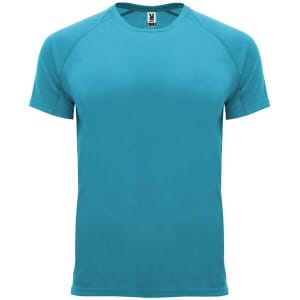 A teal T-shirt with a round neckline and short sleeves, featuring a logo on the neck label.