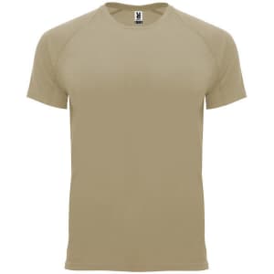 A beige T-shirt featuring a simple design and a label with branding at the neckline.