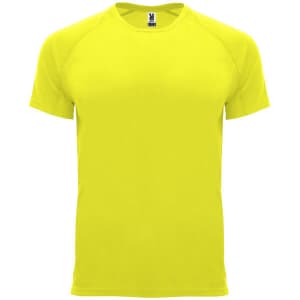 A bright yellow T-shirt with a round neck and short sleeves, featuring a branded label.