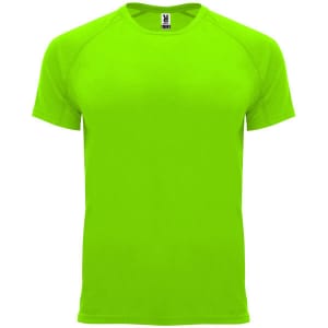 A bright green T-shirt with a crew neck and short sleeves, featuring a logo on the label.