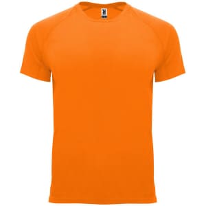 An orange T-shirt with a crew neck and short sleeves, featuring a logo on the collar.