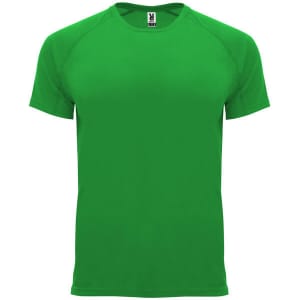 A green t-shirt with a round neckline and short sleeves. It features a logo on the label.