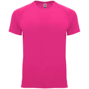 A bright pink T-shirt with a crew neckline and short sleeves, featuring a logo on the label.