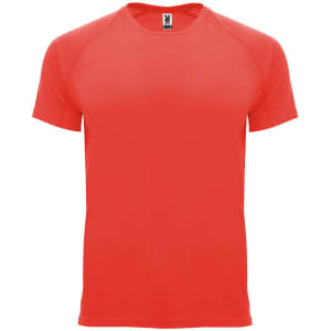 A bright red T-shirt with a round neckline and short sleeves. It features a logo on the inside label.