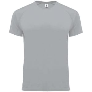 A light grey T-shirt featuring short sleeves and a casual design. It has a logo on the label.