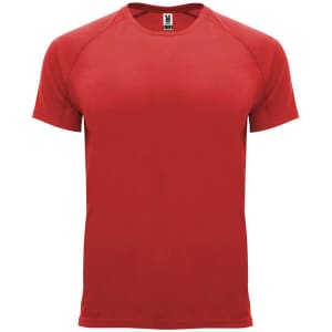 A vibrant red T-shirt with a crew neck and short sleeves. It features a logo on the neck label.