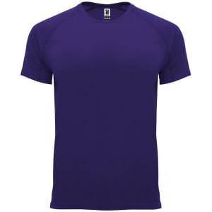 A purple T-shirt with a simple design and raglan sleeves, featuring a logo on the label.