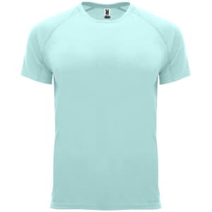 A light blue T-shirt with short sleeves and a simple design, featuring a logo on the label.