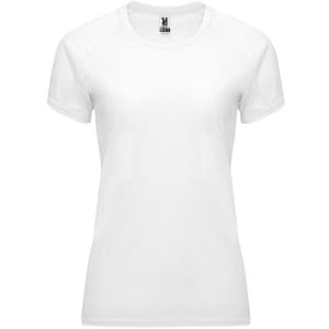 A white women's t-shirt with a fitted design and short sleeves, featuring a logo on the label.